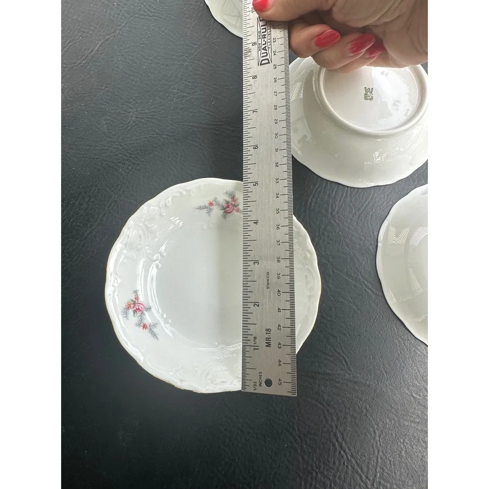 Set of 7 Wawel Poland Porcelain Fruit Bowls White‎ Pink Rose Scalloped Gold Rim